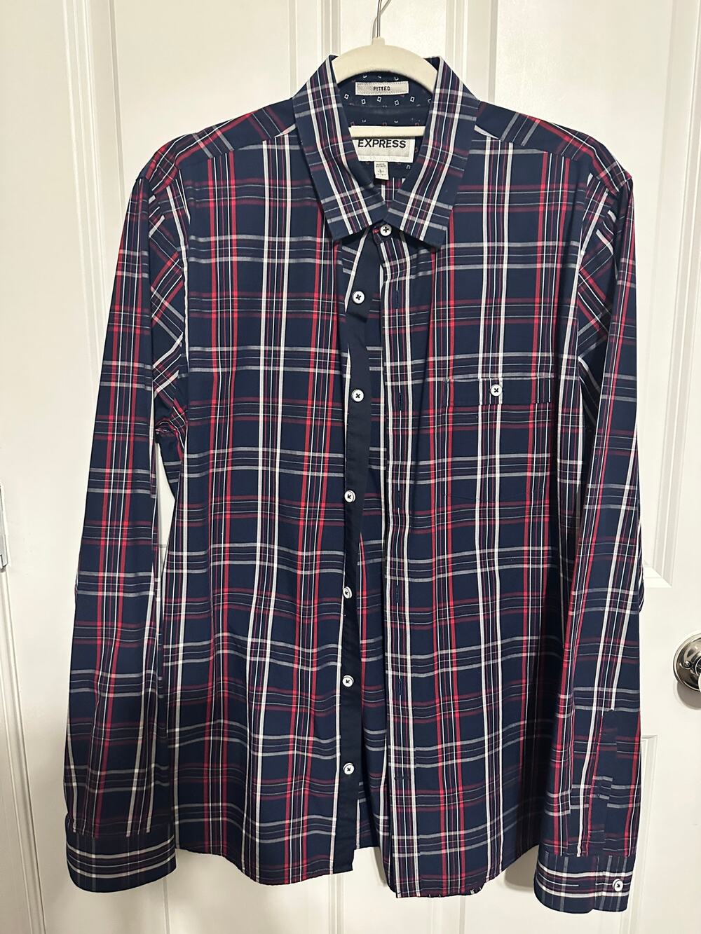 Express Men's Navy Blue Plaid Fitted Shirt Large